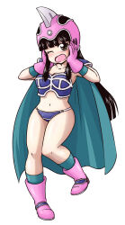 Rule 34 | 1girl, ;o, armor, bikini, bikini armor, black eyes, black hair, blue bikini, blue cape, boots, cape, chi-chi (dragon ball), dragon ball, full body, gloves, hanya (hanya yashiki), helmet, highres, long hair, navel, one eye closed, open mouth, pink boots, pink gloves, pink helmet, shoulder armor, simple background, solo, standing, standing on one leg, swimsuit, white background