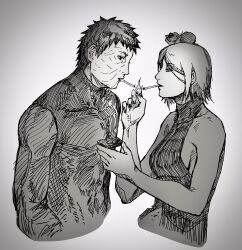 Rule 34 | 1boy, 1girl, bare shoulders, breasts, cigarette, cigarette kiss, dress, eyeshadow, flower, hair bun, hair flower, hair ornament, hetero, konan (naruto), long sleeves, makeup, mouth hold, naruto (series), naruto shippuuden, short hair, single hair bun, sleeveless, sleeveless dress, tockytacky39, uchiha obito