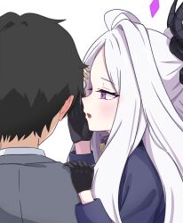 Rule 34 | 1boy, 1girl, absurdres, ahoge, black gloves, blue archive, demon girl, demon horns, embarrassed, formal clothes, gloves, halo, highres, hina (blue archive), horns, long hair, sensei (blue archive), simple background, suit, very long hair, white background, white hair, yamamoto no yama