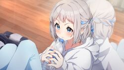 1girl absurdres against_mirror blue_eyes blue_ribbon blush bottle braid closed_mouth commentary_request gakuen_idolmaster grey_hair hair_ribbon half_up_braid highres holding holding_bottle hood hood_down hoodie idolmaster indoors katsuragi_lilja knees_up long_sleeves mirror reikakrzk ribbon ribbon_braid short_hair sidelocks sitting solo sweat v-shaped_eyebrows white_hoodie wooden_floor