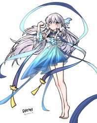 1girl absurdres arknights barefoot blue_dress blue_petals blue_ribbon blush commentary_request dated dress feather_hair gaoling_gangqin gradient_clothes gradient_dress hair_petal highres long_hair long_sleeves looking_at_viewer mulberry_(arknights) mulberry_(reflection_that_of_the_moons)_(arknights) official_alternate_costume ribbon see-through_clothes see-through_sleeves simple_background solo tiptoes very_long_hair white_background white_dress white_hair
