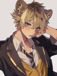 1boy absurdres animal_ear_fluff animal_ears arm_up black_jacket blonde_hair blue_eyes blush collared_shirt crossed_bangs diagonal-striped_clothes diagonal-striped_necktie double-parted_bangs gold_trim grey_background hair_between_eyes highres hyena_boy hyena_ears jacket lapels long_sleeves looking_at_viewer male_focus necktie night_raven_college_uniform notched_lapels open_clothes open_collar open_jacket open_mouth roku_maruru ruggie_bucchi sanpaku school_uniform shirt simple_background sleeve_cuffs solo striped_clothes suit_jacket twisted_wonderland vest white_shirt wing_collar yellow_vest