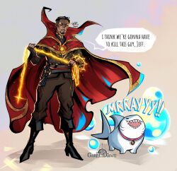 belt black_hair cape cloak doctor_strange doctor_strange_(series) facial_hair grey_hair highres jeff_(marvel) long_sleeves male_focus marvel marvel_rivals multicolored_hair red_cloak shark shirt short_hair simple_background smile teeth thegarnetdawn two-tone_hair whip