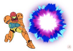 Rule 34 | 1girl, archer pose, arm cannon, armor, assault visor, dynamic pose, energy ball, fighting stance, firing, full body, green visor, highres, itsanyastasia, metroid, nintendo, outstretched arm, power armor, samus aran, signature, solo, super smash bros., weapon, white background