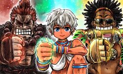 1girl 2boys abs akuma_(street_fighter) arm_guards aurora aviator_sunglasses bandana beads black_hair bling bra bracelet clenched_teeth dark-skinned_female dark-skinned_male dark_skin dee_jay elena_(street_fighter) gold headphones headphones_around_neck jacket jewelry kicdon leg_lift multicolored_jacket multiple_boys neck_ring open_clothes open_jacket prayer_beads red_bandana red_hair ring short_hair smile street_fighter street_fighter_6 sunglasses teeth topknot tribal underwear veins white_bra white_hair