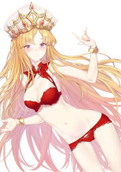 1girl bare_shoulders blonde_hair blush breasts cleavage coffeekite crown europa_(fate) fate/grand_order fate_(series) highres large_breasts long_hair looking_at_viewer parted_lips purple_eyes solo thighs very_long_hair