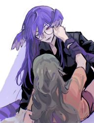 bespectacled black_shirt blue_eyes braid dragon_girl dragon_tail fangs finana_ryugu fins fish_girl flower glasses green_hair head_fins head_wings heterochromia highres long_hair lying medium_hair mockingbird0009 nijisanji nijisanji_en orange_shirt pointy_ears purple_eyes purple_flower purple_hair purple_wings red_shorts round_eyewear selen_tatsuki shirt shorts t-shirt tail twin_braids virtual_youtuber white_background wings yuri