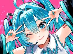 1girl ahoge black_sleeves blue_eyes blue_hair collared_shirt double_v hatsune_miku highres ia34550364 lips long_hair looking_at_viewer microphone number_tattoo one_eye_closed pink_background red_tattoo shirt shoulder_tattoo simple_background sleeveless sleeveless_shirt smile solo tattoo twintails v v_over_eye vocaloid white_shirt wing_collar