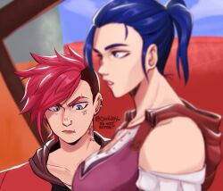 2girls arcane:_league_of_legends arcane_caitlyn arcane_vi asymmetrical_hair blue_eyes blue_hair blurry blurry_foreground breasts brown_eyes caitlyn_(league_of_legends) cleavage commentary english_commentary face_piercing girl_staring_at_guy&#039;s_chest_(meme) highres large_breasts league_of_legends looking_at_breasts meme mica_(c_killjoy) multicolored_hair multiple_girls neck_tattoo nose_piercing nose_ring number_tattoo piercing ponytail red_hair scar scar_on_face scar_on_mouth short_hair sidecut signature tattoo twitter_username two-tone_hair undercut v-shaped_eyebrows vi_(league_of_legends)