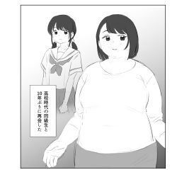 1girl absurdres age_progression aruru_(rnruru) border breasts collarbone cowboy_shot double_chin fat gradient_hair greyscale hair_ornament hand_grab highres looking_to_the_side low_twintails medium_breasts medium_hair mole mole_under_mouth monochrome multicolored_hair neckerchief open_hand open_mouth original pleated_skirt sailor_collar school_uniform serafuku shirt short_hair short_sleeves sidelocks simple_background sketch skirt small_breasts swept_bangs three-quarter_sleeves twintails twitter_username watermark
