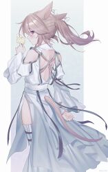 1girl animal_ears backless_dress backless_outfit bare_shoulders brown_hair cat_ears cat_girl cat_tail clothing_cutout commentary_request dress ears_back final_fantasy final_fantasy_xiv flower funa_(sakana) highres holding holding_flower long_dress long_hair long_sleeves looking_at_viewer looking_to_the_side miqo&#039;te original shoulder_cutout side_slit solo tail thighhighs warrior_of_light_(ff14) white_dress white_thighhighs wide_sleeves