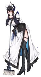 1girl absurdres alternate_costume artist_name black_footwear black_hair black_pantyhose blue_eyes breasts demon_horns dress drunktatsu full_body high_heels highres hololive hololive_english horns large_breasts long_hair looking_at_viewer maid maid_headdress mole mole_under_eye multicolored_hair nerissa_ravencroft pantyhose parted_lips purple_eyes simple_background smile solo two-tone_hair virtual_youtuber white_background white_dress