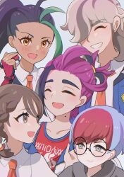 2boys 3girls arven_(pokemon) black_hair blue_hair blush braid breasts brown_eyes brown_hair closed_eyes closed_mouth collarbone collared_shirt crossed_bangs dark-skinned_female dark_skin freckles glasses gloves green_hair hair_between_eyes hair_over_one_eye hairband hood hoodie jacket juliana_(pokemon) kieran_(pokemon) long_hair mizuiro123 mole mole_on_neck multicolored_hair multiple_boys multiple_girls naranja_academy_school_uniform necktie nemona_(pokemon) nintendo open_clothes open_mouth orange_necktie penny_(pokemon) pokemon pokemon_masters_ex pokemon_sv ponytail purple_hair red_hair red_tank_top round_eyewear school_uniform shirt short_hair short_sleeves simple_background smile streaked_hair tank_top teeth two-tone_hair upper_body vest white_jacket white_shirt yellow_hairband