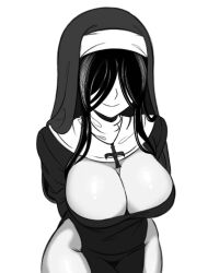1girl arms_behind_back breasts cleavage cleavage_cutout closed_mouth clothing_cutout coif commentary covered_eyes cross cross_necklace english_commentary ghost_girl graphicthereal greyscale groin hair_over_eyes jewelry large_breasts monochrome necklace nun pelvic_curtain simple_background smile solo standing the_ring white_background yamamura_sadako