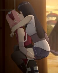 carrying closed_eyes female_focus french_kiss haruno_sakura holding_up_female hug hyuuga_hinata kiss long_hair naruto naruto:_the_last naruto_(series) netorare optimystic pink_hair short_hair standing suspended_congress yuri