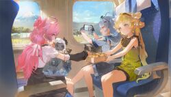 3girls ahoge alternate_costume black_shorts black_skirt blonde_hair blue_eyes blue_hair bow cellphone closed_mouth cloudy_(wuthering_waves) commentary_request cosmos_(wuthering_waves) dress eating encore_(wuthering_waves) eyewear_on_head food green_dress green_eyes hair_bow holding holding_phone hood hood_down hooded_jacket jacket lard_(kumazakiyuta) looking_at_another multiple_girls open_mouth phone pink_bow pink_hair purple_eyes roccia_(wuthering_waves) shirt shorts sitting skirt smartphone smile sunglasses train_interior verina_(wuthering_waves) white_jacket white_shirt wuthering_waves youhu_(wuthering_waves)