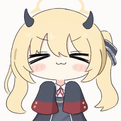 &gt;_&lt; 1girl :o animated animated_gif black_horns black_ribbon blonde_hair blue_archive blush_stickers chibi closed_eyes closed_mouth commentary_request dress grey_dress hair_between_eyes hair_ribbon halo horns ibuki_(blue_archive) long_hair long_sleeves neck_ribbon no_nose open_mouth peroro_(blue_archive) red_ribbon ribbon sidelocks sleeves_past_fingers sleeves_past_wrists umihio upper_body v-shaped_eyebrows yellow_halo