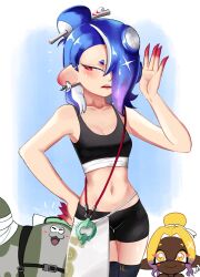 2girls arm_up averting_eyes big_man_(splatoon) big_man_(splatoon_raiders)_(splatoon) bike_shorts black_shorts blue_background blue_hair blush border breasts cephalopod_eyes cleavage closed_mouth colored_eyelashes commentary crop_top dark-skinned_female dark_skin earrings english_commentary eyelashes fish_hook_earrings frye_(splatoon) frye_(splatoon_raiders)_(splatoon) gradient_hair hair_over_one_eye hand_on_own_hip highres holyskywalkrs inkling jewelry long_hair looking_to_the_side multicolored_hair multiple_girls navel nintendo octoling official_alternate_costume outside_border purple_hair red_eyes red_pupils shiver_(splatoon) shiver_(splatoon_raiders)_(splatoon) short_eyebrows shorts single_earring small_breasts smile splatoon_(series) splatoon_raiders tentacle_hair thick_eyebrows topknot two-tone_hair very_dark_skin white_border