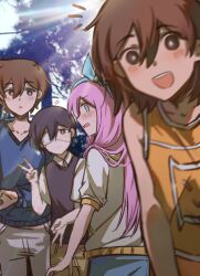 Rule 34 | 1girl, 3boys, :d, ?, absurdres, antenna hair, aubrey (faraway) (omori), aubrey (omori), bailan1130, bare arms, bare shoulders, black eyes, black hair, black sweater vest, blue eyes, blue hairband, blue sweater, blurry, blurry foreground, blush, bow hairband, bright pupils, brothers, brown eyes, brown hair, closed mouth, collarbone, collared shirt, cowboy shot, day, double-parted bangs, double v, grey pants, hair behind ear, hair between eyes, hairband, hero (faraway) (omori), hero (omori), highres, kel (faraway) (omori), kel (omori), long hair, long sleeves, looking at viewer, looking back, multiple boys, no sclera, notice lines, omori, open mouth, orange tank top, outdoors, pants, photo background, pink hair, profile, puffy long sleeves, puffy sleeves, shirt, short hair, short sleeves, siblings, smile, spoilers, standing, sunny (omori), sweatdrop, sweater, sweater vest, tank top, teeth, tree, upper body, upper teeth only, v, v-neck, white pupils, white shirt, white trim