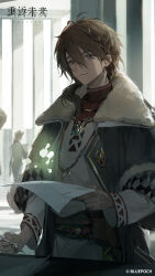 1boy absurdres backlighting belt_pouch brown_hair coat copyright_name copyright_notice earrings grey_coat hair_between_eyes hand_up highres holding holding_paper holding_pen indoors jewelry light_particles logo long_hair looking_ahead low_ponytail male_focus name_day_(reverse:1999) official_art official_wallpaper paper pen people pillar ponytail pouch purple_eyes reverse:1999 single_earring solo_focus sweater tooth_earrings upper_body white_sweater