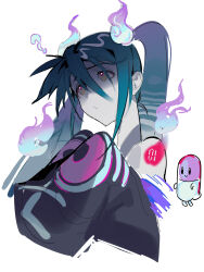 1girl absurdres brown_eyes closed_mouth cropped_torso ghost_miku_(project_voltage) hatsune_miku highres hitodama nintendo number_tattoo pill pokemon project_voltage simple_background sleeves_past_fingers sleeves_past_wrists tattoo twintails upper_body vocaloid white_background yaoyaore