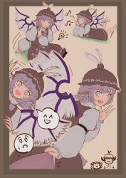 1girl :d :o absurdres animal_ears barefoot bird_ears bird_wings border brown_border brown_dress closed_eyes clothes_grab dot_nose dress fang fingernails frilled_dress frills hands_on_own_chin hat highres idea light_blush light_bulb long_fingernails long_sleeves looking_at_viewer looking_back looking_up lying motion_lines multiple_views music musical_note mystia_lorelei on_grass on_stomach open_mouth outside_border parted_lips pink_nails puffy_sleeves purple_hair shirt short_hair singing sitting smile spoken_expression tamateba_co touhou waving_hands waving_legs wavy_hair whistling white_eyes white_shirt wings yellow_background