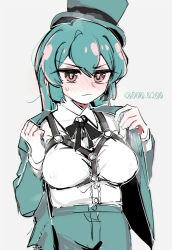 Rule 34 | 1girl, an sin, bdsm, black bow, black bowtie, blue hair, blue jacket, blue pants, blush, bondage, bound, bow, bowtie, breasts, closed mouth, collared shirt, commentary, highres, jacket, large breasts, long hair, mahou shoujo ni akogarete, minakami sayo, open clothes, open jacket, pants, pink eyes, shirt, simple background, solo, sweat, twitter username, white background, white shirt