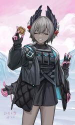 1girl :d ^_^ absurdres arknights arm_up black_gloves black_jacket black_shorts chinese_commentary closed_eyes commentary commentary_request cowboy_shot dark-skinned_female dark_skin dated english_commentary extra_arms facing_viewer gloves grey_hair grin highres holding jacket long_sleeves making-of_available mixed-language_commentary open_clothes open_jacket open_mouth pink_gloves raidian_(arknights) short_hair shorts smile solo standing thumbs_up yitai_zhi_meng