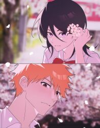 1boy 1girl absurdres black_hair bleach cherry_blossoms collared_shirt flower gwao_(_ul_13) hair_flower hair_ornament highres karakura_high_school_uniform kuchiki_rukia kurosaki_ichigo orange_eyes orange_hair purple_eyes school_uniform shirt short_hair smile white_shirt