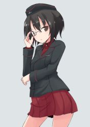 Rule 34 | 10s, 1girl, adjusting monocle, black eyes, black hair, black hat, black jacket, black ribbon, closed mouth, contrapposto, cowboy shot, dress shirt, female focus, garrison cap, girls und panzer, grey background, hat, jacket, kakizaki (chou neji), kawashima momo, kuromorimine military uniform, long sleeves, looking at viewer, military, military hat, military uniform, miniskirt, monocle, neck ribbon, pleated skirt, red shirt, red skirt, ribbon, shirt, short hair, simple background, skirt, solo, standing