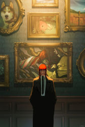 1girl absurdres art_gallery artist_name black_coat black_necktie black_suit chainsaw_man champi character_print coat collared_shirt denji_(chainsaw_man) dog feet_out_of_frame formal_clothes hands_in_pockets highres husky indoors looking_at_viewer makima_(chainsaw_man) medium_hair necktie painting_(object) picture_frame pochita_(chainsaw_man) red_hair ringed_eyes shirt signature smile solo standing straight-on suit wall white_shirt yellow_eyes
