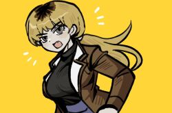 Rule 34 | 1girl, black sweater, blonde hair, bomber jacket, breasts, brown jacket, commentary request, dutch angle, fang, fear &amp; hunger (series), fear &amp; hunger 2: termina, grey eyes, jacket, karin (fear &amp; hunger), korean commentary, large breasts, long hair, long sleeves, multicolored hair, open clothes, open jacket, open mouth, ponytail, roots (hair), simple background, solo, space4407, sweater, sweater tucked in, yellow background