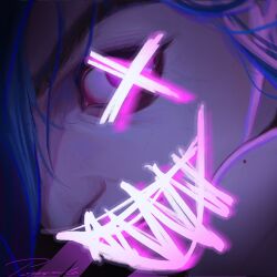 1girl arcane:_league_of_legends arcane_jinx bare_shoulders black_eyeliner blue_hair close-up eye_focus eyeliner freckles glowing glowing_eyes heibai_bangbing highres jinx_(league_of_legends) league_of_legends lips looking_at_viewer looking_to_the_side makeup pink_eyes profile signature smile solo