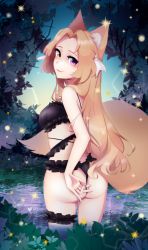 1girl absurdres animal_ears ass black_bra blonde_hair blue_sky bra breasts fingernails fox_ears fox_girl fox_tail frilled_bra frilled_garter frilled_panties frills hair_intakes heterochromia highres in_water leaf lips logo long_hair looking_at_viewer looking_back nail_polish original outdoors panties panty_pull pink_nails pond pr_ponnyan sky small_breasts smile solo tail thighs thong twilight twitter_username underwear very_long_hair wading