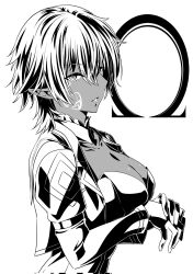 1girl breasts cleavage dark-skinned_female dark_skin gloves hair_between_eyes highres kage_no_jitsuryokusha_ni_naritakute! long_sleeves looking_at_viewer nakanishi_kazuya omega_(kage_no_jitsuryokusha_ni_naritakute!) open_mouth pointy_ears sharp_teeth short_hair smile tagme teeth