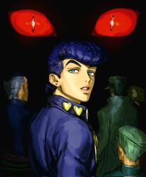 black_hair blue_eyes diamond_wa_kudakenai earrings hat heart higashikata_josuke highres hirose_koichi jewelry jojo_no_kimyou_na_bouken joseph_joestar joseph_joestar_(old) killer_queen kuujou_joutarou lips male_focus multiple_boys nijimura_okuyasu pompadour santamanymany solo_focus