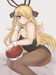 1girl animal_ears artist_name black_pantyhose breasts closed_mouth cynthia_(pokemon) detached_collar eyebrows_hidden_by_hair facing_viewer fake_animal_ears fake_tail grey_background hair_ornament hair_over_one_eye highres large_breasts leotard long_hair looking_at_viewer luci_(purrlucii) nintendo on_bed pantyhose playboy_bunny poke_ball pokemon pokemon_dppt rabbit_ears rabbit_tail signature sitting smile solo tail very_long_hair wrist_cuffs