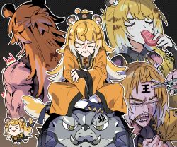 &gt;_&lt; 1girl absurdres all_fours animal_ears blonde_hair bow brown_hair chibi chibi_inset chinese_clothes closed_eyes closed_mouth crying crying_with_eyes_open eating facial_hair facing_away facing_viewer fangs fingerless_gloves food food_in_mouth fu_manchu_(mustache) furrowed_brow gloves half-closed_eyes hat highres holding holding_food holding_scissors hu_wei_(zenless_zone_zero) ju_fufu lips long_hair long_mustache meat multicolored_hair multiple_views muscular muscular_female mustache open_mouth sakana_(fishchunk) scissors sitting smile streaming_tears tail tail_bow tail_ornament tears tiger_ears tiger_girl tiger_tail white_hair zenless_zone_zero