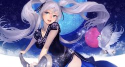 1girl bird blue_eyes female_focus full_moon long_hair mabinogi moon nao_(mabinogi) owl silver_hair solo staff toro_(konirio) twintails very_long_hair