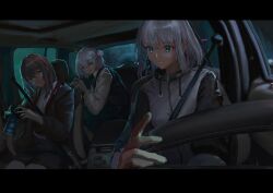 3girls absurdres ahoge black_jacket black_skirt blue_eyes brown_hair camera car_interior car_seat closed_mouth commentary hair_bun highres holding holding_camera holding_steering_wheel jacket letterboxed long_sleeves multiple_girls original raglan_sleeves seatbelt single_hair_bun sitting skirt smile steering_wheel sweater white_hair white_sweater yukikaze_supersylph