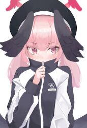 absurdres alternate_costume beret blue_archive crying feathered_wings gym_uniform halo hat head_wings highres jacket katancotton koharu_(blue_archive) long_sleeves low_wings pink_eyes pink_hair red_halo streaming_tears tears track_jacket winged_halo winged_hat wings zipper_pull_tab