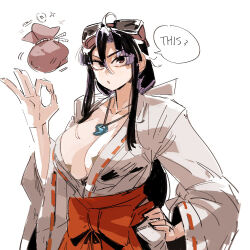 1girl black_hair breasts cleavage hand_on_own_hip highres jewelry large_breasts long_hair necklace sengoku_ace solo togashi_koyori