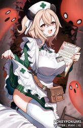 1girl animal_ears apron blonde_hair clipboard clothes_lift commentary dress dress_lift english_commentary green_dress hat highres holding holding_clipboard indie_virtual_youtuber lifting_own_clothes naplings_(nimi_nightmare) nimi_nightmare nurse_cap open_mouth pokey red_eyes solo tapir_ears tapir_girl thighhighs virtual_youtuber white_apron white_thighhighs