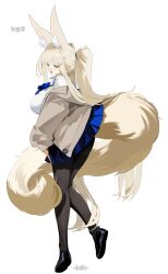 1girl animal_ear_fluff animal_ears black_pantyhose black_shoes blonde_hair blue_bow blue_skirt bow breasts brown_cardigan buttons cardigan fox_ears fox_girl fox_girl_miko_(7317helic) fox_tail full_body green_eyes helic_(7317helic) highres large_breasts long_hair long_sleeves looking_at_viewer looking_back open_mouth original pantyhose pleated_skirt ponytail school_uniform shirt shoes signature skirt solo standing tail very_long_hair white_background white_shirt