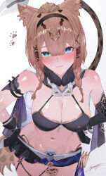 1girl absurdres animal_ears artist_name asymmetrical_gloves bikini bikini_top_only black_bikini black_gloves black_shorts blue_eyes blush breasts brown_hair cat_ears cat_girl cat_tail cleavage commentary_request fang gloves green_eyes heterochromia highres honkai_(series) honkai_impact_3rd large_breasts looking_at_viewer miya-chan_(lightning0730) navel paid_reward_available pardofelis pardofelis_(reverist_calico) short_hair_with_long_locks short_shorts shorts solo stomach swimsuit tail thighs uneven_gloves white_background