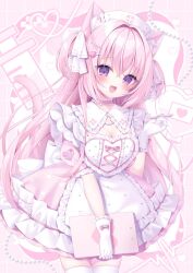 1girl animal_ear_fluff animal_ears blush bow breasts cat_ears cat_girl cat_tail choker cleavage cleavage_cutout clipboard clothing_cutout dress frills gloves hair_ornament headdress highres holding holding_clipboard long_hair looking_at_viewer medium_breasts momochi_chia open_mouth original pen pink_bow pink_choker pink_dress pink_hair purple_eyes ribbon short_sleeves smile solo tail thighhighs white_dress white_gloves