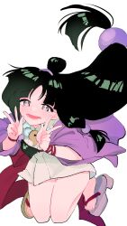 1girl absurdres ace_attorney black_hair chanramu grey_eyes highres japanese_clothes kimono maya_fey purple_kimono sandals smile v