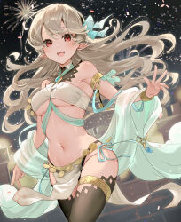 1girl :d alternate_costume bandeau bare_shoulders black_hairband black_panties black_thighhighs breasts brooch corrin_(female)_(fire_emblem) corrin_(fire_emblem) cowboy_shot dancer fire_emblem fire_emblem_fates grey_hair groin hairband haru_(nakajou-28) highres jewelry loincloth long_hair looking_at_viewer medium_breasts midriff navel nintendo open_mouth panties pelvic_curtain pointy_ears red_eyes shawl smile solo standing stomach thighhighs thighs underboob underwear very_long_hair