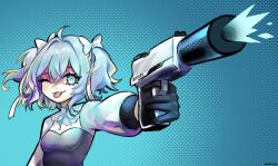 1girl ;p ahoge akida_who aqua_eyes black_gloves bow breasts cleavage cleavage_cutout clothing_cutout firing gloves gun hair_bow hair_intakes handgun highres holographic_hair indie_virtual_youtuber medium_hair multicolored_hair multiple_hair_bows one_eye_closed pale_skin shrug_(clothing) small_breasts suppressor tongue tongue_out twintails upper_body virtual_youtuber weapon yuy_(vtuber)