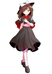 1girl alphes_(style) arm_behind_back black_capelet black_hat black_shoes black_skirt book bow bowtie brown_hair capelet commentary_request crossed_legs dairi dr.latency&#039;s_freak_report full_body hair_between_eyes hat hat_bow highres holding holding_book large_variant_set loafers long_hair long_skirt long_sleeves parody red_bow red_bowtie shirt shoes skirt socks solo standing style_parody tachi-e touhou transparent_background usami_renko variant_set watson_cross white_bow white_shirt white_socks